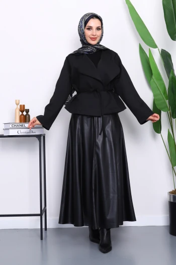 Siyah Şal Yaka Scuba Puf Kısa Ceket