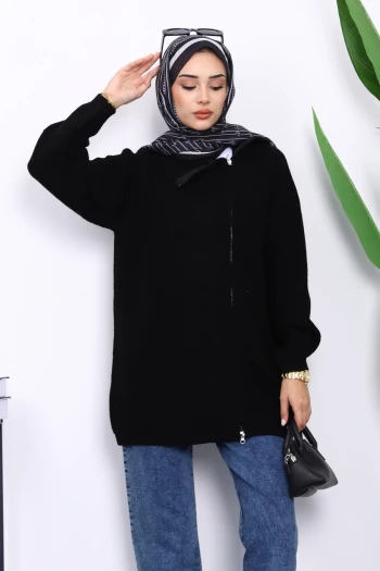Siyah Selanik Örgülü Fermuarlı Triko Hırka