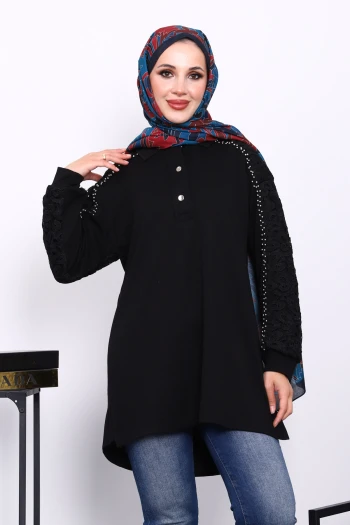 Siyah Taş İşlemeli Düğmeli Tunik