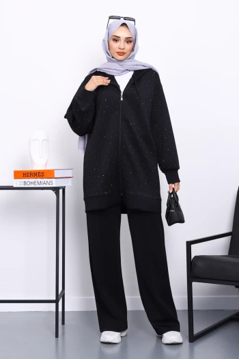 Siyah Taşlı Scuba Tunik Pantolonlu Takım