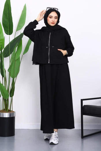 Siyah Üç İplik Sweat Hırka Elbise Kombin Takım