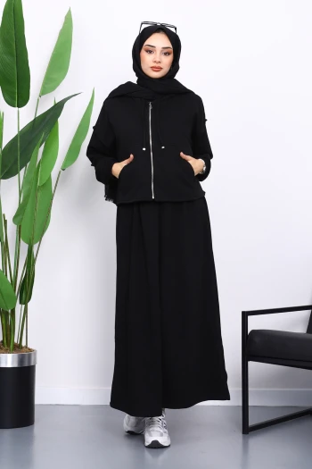 Siyah Üç İplik Sweat Hırka Elbise Kombin Takım