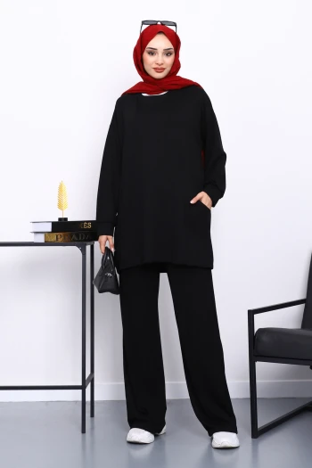 Siyah Yan Cepli Omuz Parçalı Alt Çımalı Modal Takım