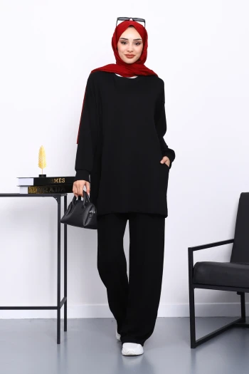Siyah Yan Cepli Omuz Parçalı Alt Çımalı Modal Takım