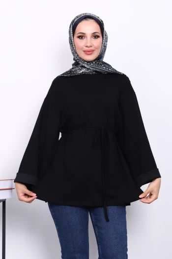 Siyah Yanları Yırtmaçlı Bel İpli Tunik