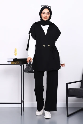 Siyah Yelekli Tunik Pantolon Üçlü Takım