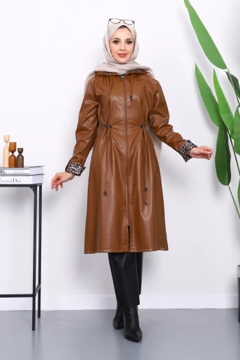 Taba Kapşonlu Kolu Katlı Deri Trençkot