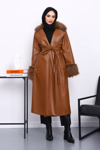 Taba Kol Yaka Kürklü Deri Trençkot