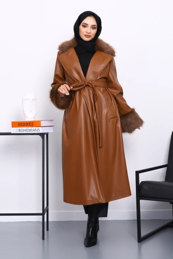 Taba Kol Yaka Kürklü Deri Trençkot