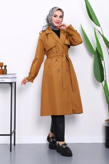 Taba Kravuze Yaka Bel Kemerli Düğmeli Trençkot