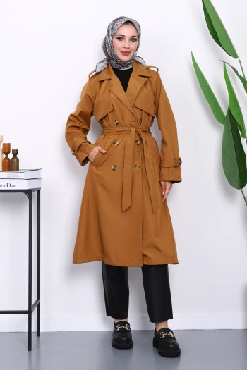 Taba Kravuze Yaka Bel Kemerli Düğmeli Trençkot