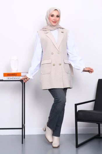 Taş Düğmeli Buklet Yelek