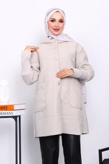 Taş Kapşonlu Buklet Kaban