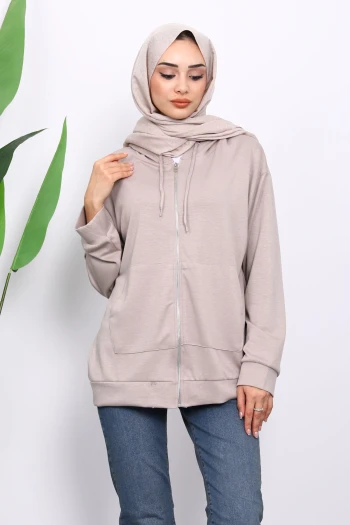 Taş Kapşonlu Fermuarlı Modal Sweat Hırka