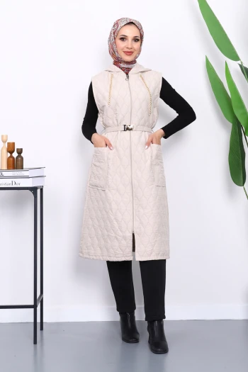 Taş Kapüşonlu Kemerli Kapitone Yelek