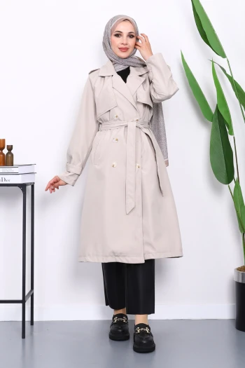 Taş Kravuze Yaka Bel Kemerli Düğmeli Trençkot