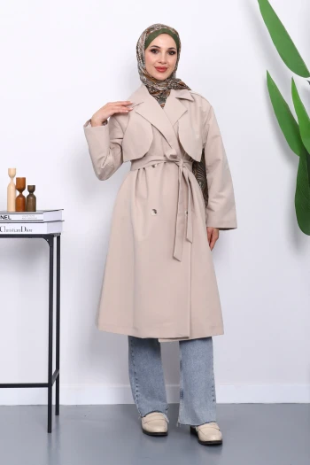 Taş Kravuze Yaka Kuşaklı  Cepli Trençkot