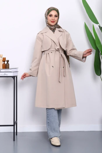 Taş Kravuze Yaka Kuşaklı  Cepli Trençkot