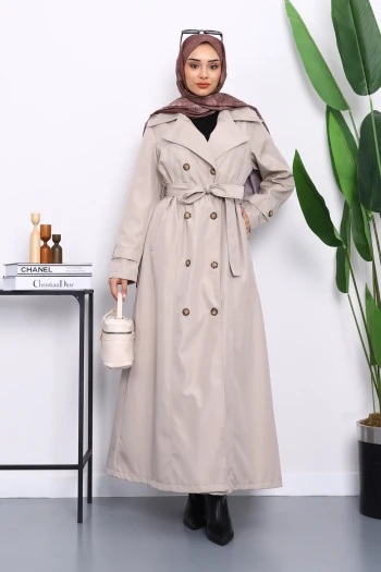 Taş Kruvaze Yaka Apoletli Uzun Trençkot