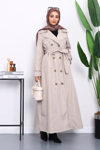 Taş Kruvaze Yaka Apoletli Uzun Trençkot
