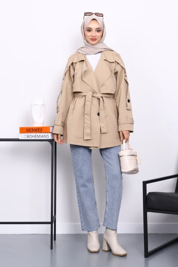 Taş Kruvaze Yaka Astarlı Kısa Trençkot