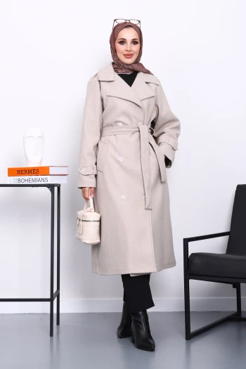 Taş Kruvaze Yaka Kuşaklı Kaşe Kaban