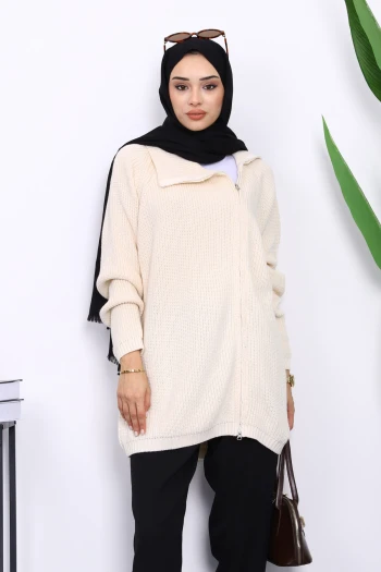 Taş Selanik Örgülü Fermuarlı Triko Hırka
