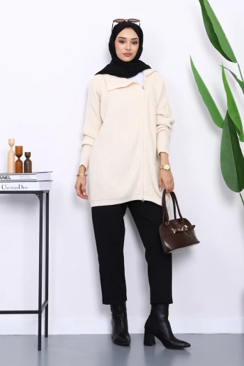 Taş Selanik Örgülü Fermuarlı Triko Hırka