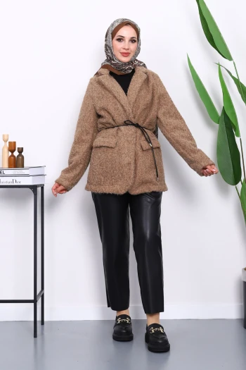 Vizon Bel Bağlamalı Cepli Keçe Ceket