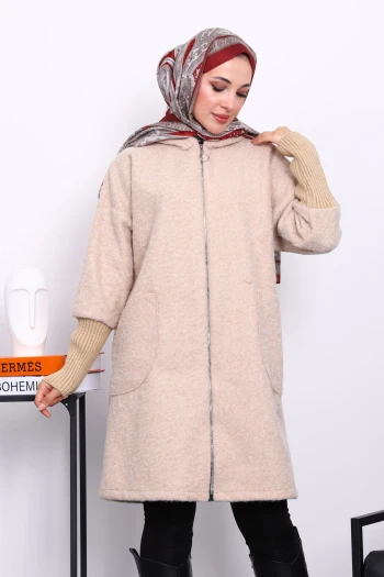 Vizon Fermuarlı Yün Kaşe Kaban