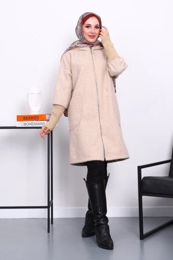 Vizon Fermuarlı Yün Kaşe Kaban