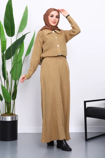 Vizon Gömlek Yaka Düğmeli Triko Etekli Takım