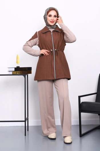 Vizon Kapitone Yelekli Tunik Pantolonlu Takım