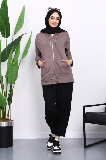 Vizon Kapşonlu Fermuarlı Modal Sweat Hırka