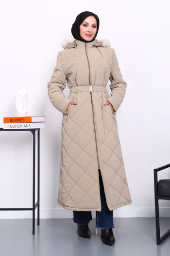 Vizon Kapüşonlu Kapitone Uzun Şişme Mont