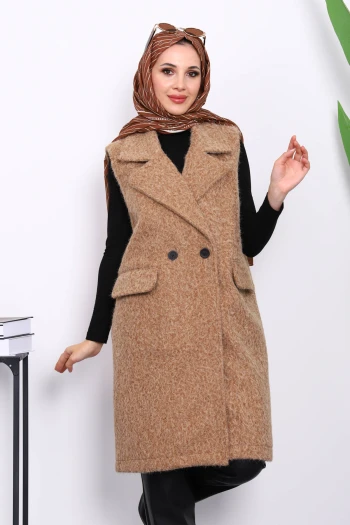 Vizon Kruvaze Yaka Astarlı Kaşe Yelek