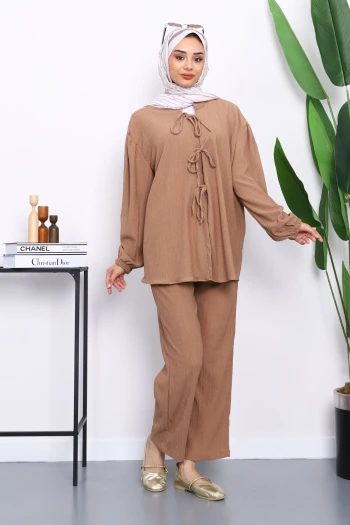 Vizon Ön Bağlamalı Bürümcük Kimono Pantolonlu Takım