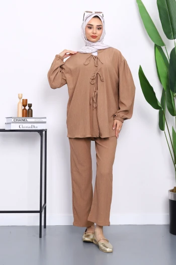 Vizon Ön Bağlamalı Bürümcük Kimono Pantolonlu Takım