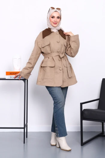 Vizon Yaka Garnili Cepli  Kuşaklı Trençkot