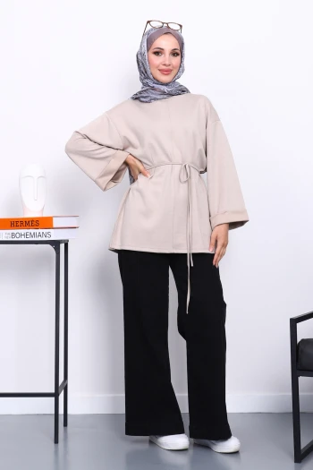 Vizon Yanları Yırtmaçlı Bel İpli Tunik