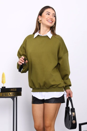 Yağ Yeşili Bisiklert Yaka Üç İplik Sweat