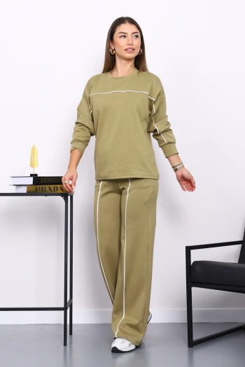 Yağ Yeşili Biye Detaylı Sweat Pantolonlu Takım