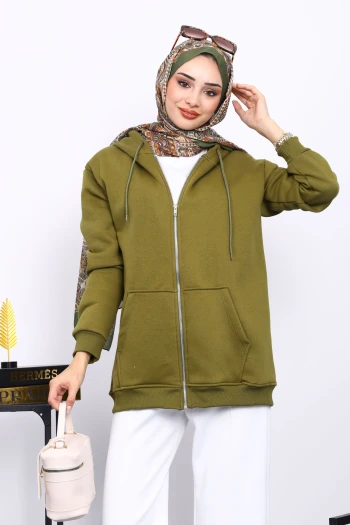 Yağ Yeşili Cepli Fermuarlı Üç İplik Kapşonlu Sweat