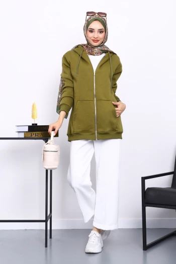 Yağ Yeşili Cepli Fermuarlı Üç İplik Kapşonlu Sweat