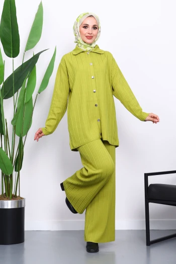 Yağ Yeşili Gömlek Yaka Düğmeli Pantolonlu Triko Takım