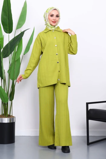 Yağ Yeşili Gömlek Yaka Düğmeli Pantolonlu Triko Takım