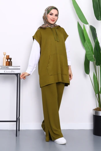 Yağ Yeşili Kapşonlu Süveter Pantolonlu Modal Takım