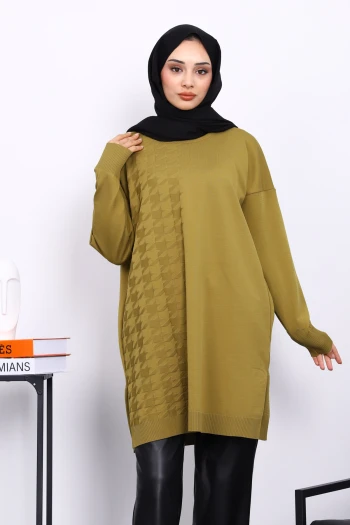 Yağ Yeşili Soğuk İplik Merserize Triko Tunik