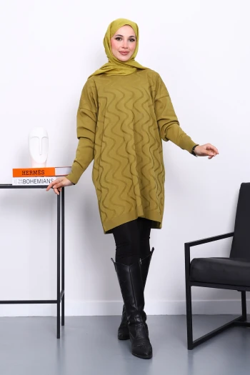 Yağ Yeşili Soğuk İplik Merserize Triko Tunik