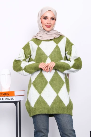 Yeşil Baklava Desenli Triko Kazak